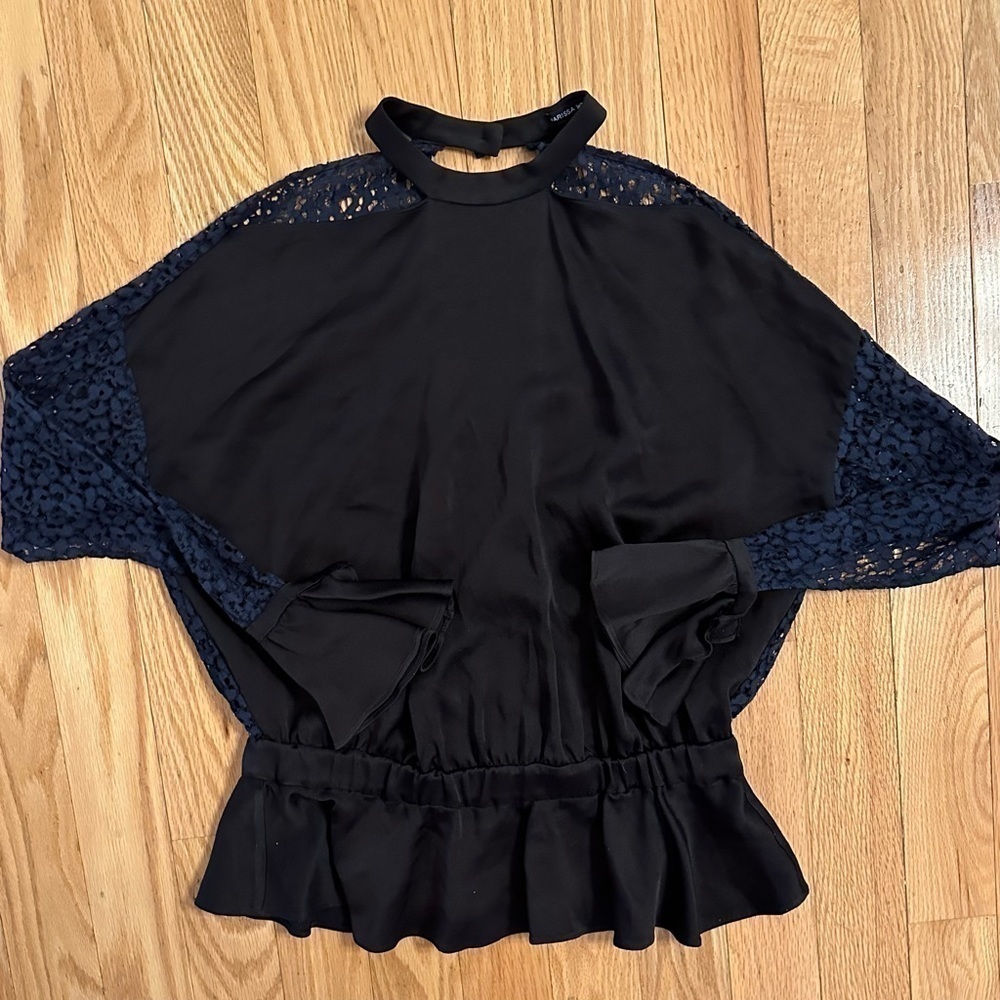 Marissa Webb Revolve Navy/Black Sullivan Crepe & Lace Blouse Cut Out Sleeves L - Picture 10 of 10
